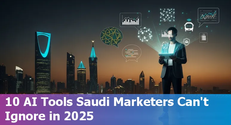 Collage of AI marketing tools logos with Saudi Arabia map and Arabic-English campaign examples