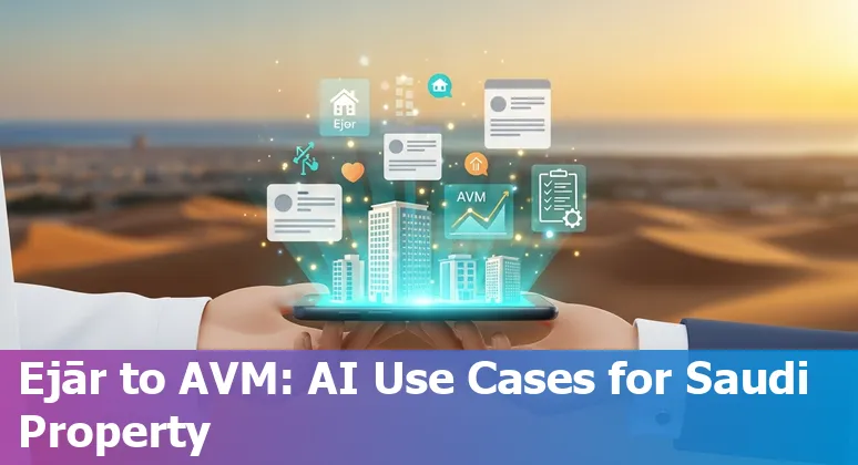 Illustration of AI in Saudi real estate: Riyadh skyline, NEOM, property listings, valuation charts, construction drones, and sustainability icons.