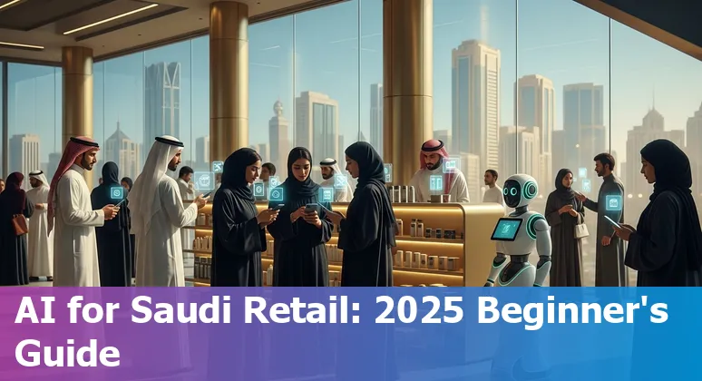 AI-powered retail storefront illustration in Saudi Arabia with data charts, customers, and local landmarks