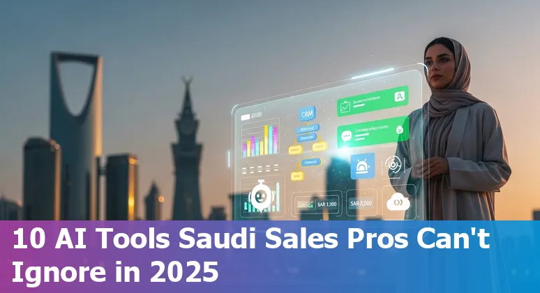 Collage of AI sales tools logos over Saudi Arabia skyline, representing AI tools for sales in KSA 2025
