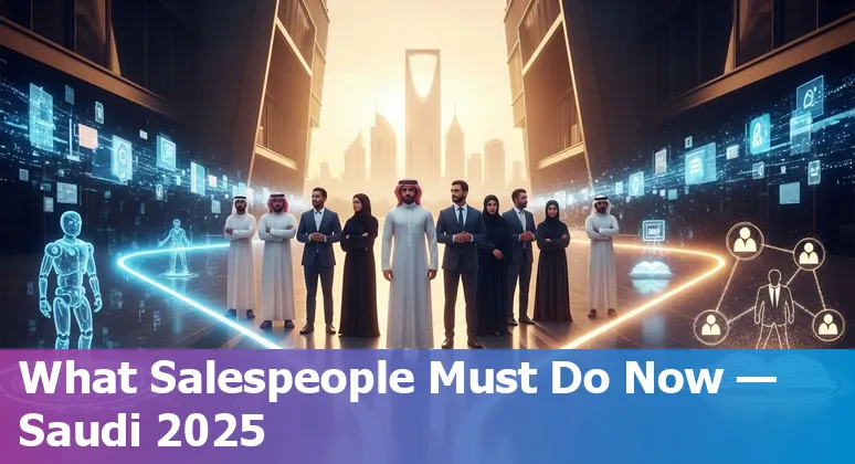 Salesperson using AI tools in Riyadh, Saudi Arabia, illustrating human+AI collaboration in sales