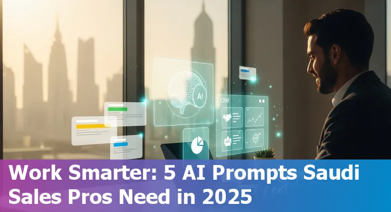 Sales professional in Riyadh using AI prompts on a laptop with bilingual Arabic-English outreach examples