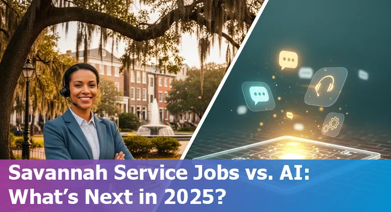 Customer service agent using AI tools in Savannah, Georgia skyline background, 2025