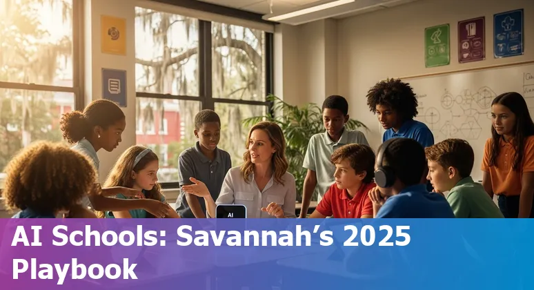 Savannah, Ga. teachers and students using AI tools in a classroom with Savannah skyline visible