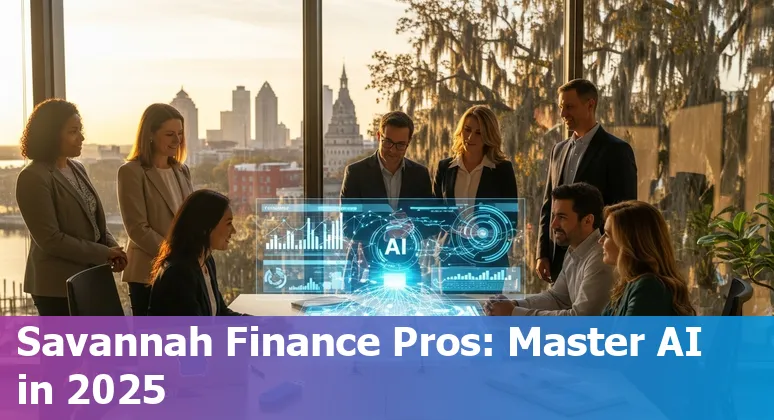 Finance professional using AI tools in an office with Savannah, Georgia skyline visible, 2025.