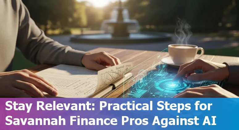 Finance professional using AI tools on laptop in Savannah, Georgia with historic riverfront in background