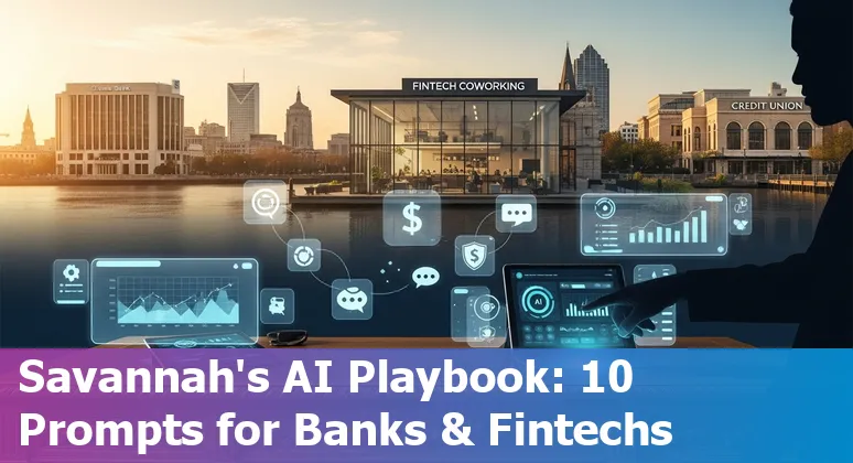 Illustration of AI icons over Savannah skyline with financial symbols (bank, chart, shield).