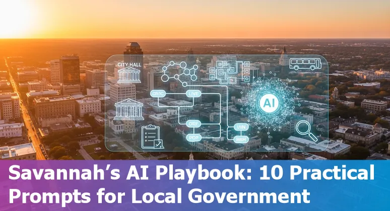 City of Savannah municipal worker using AI tools with Port of Savannah in background, icons for chatbots, maps, and documents.