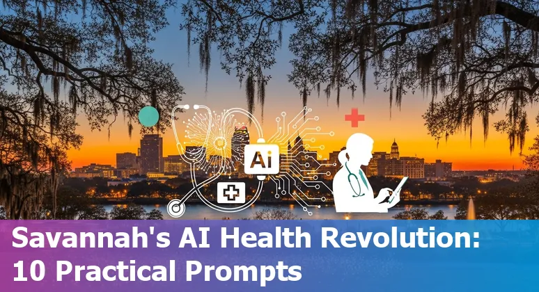 Physician and PA student in Savannah reviewing AI-driven EHR dashboard with local skyline in background