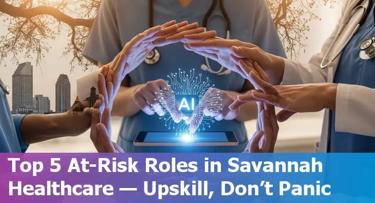 Savannah healthcare workers adapting to AI: nurse viewing AI-augmented EHR on tablet with Savannah skyline in background