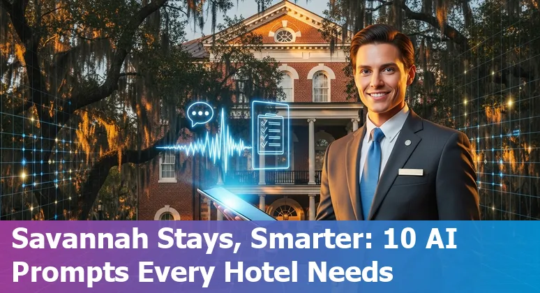 Hotel front desk using AI voice assistant with Savannah skyline in background