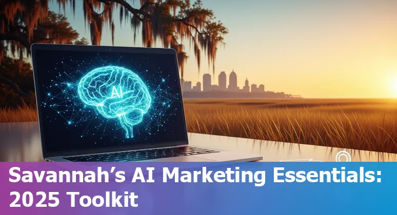 Savannah marketer using AI tools on laptop with skyline and River Street in background