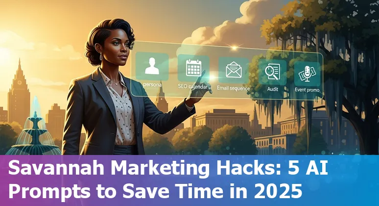 Savannah marketer using AI prompts on a laptop with Savannah Riverfront in background