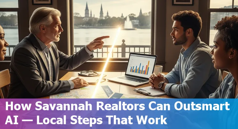 Savannah skyline with historic homes, port cranes, and AI icons overlay showing real estate jobs and automation risk.