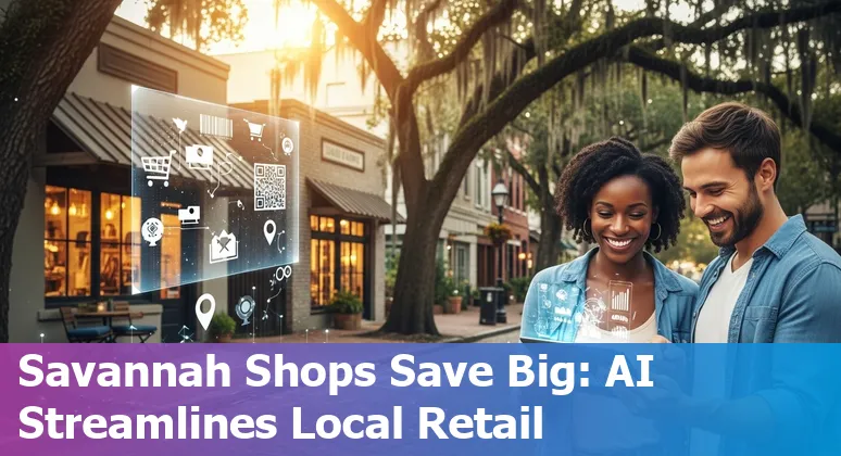Savannah, Georgia retail store with AI dashboard overlay showing inventory, logistics and customer insights.