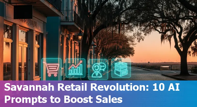 Retail store employee using AI dashboard with Savannah cityscape and coastal tourists in the background