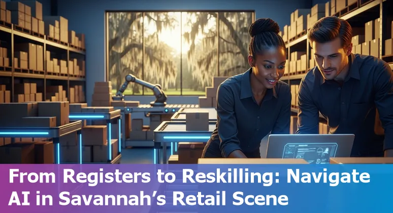 Retail worker in Savannah looking at self-checkout kiosk with Port of Savannah cranes in background