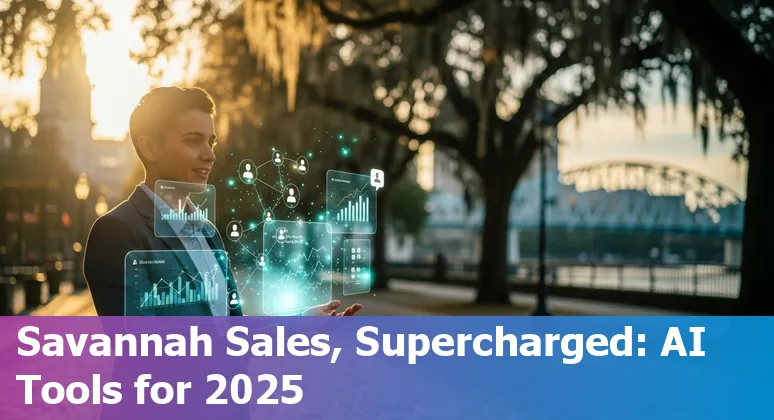Sales professional using AI tools on a laptop overlooking Savannah, Georgia skyline in 2025