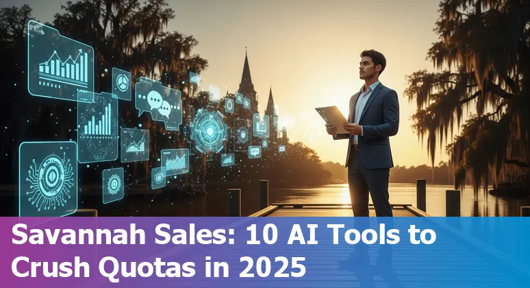 Collage of AI sales tools logos with Savannah skyline and a sales professional using a laptop
