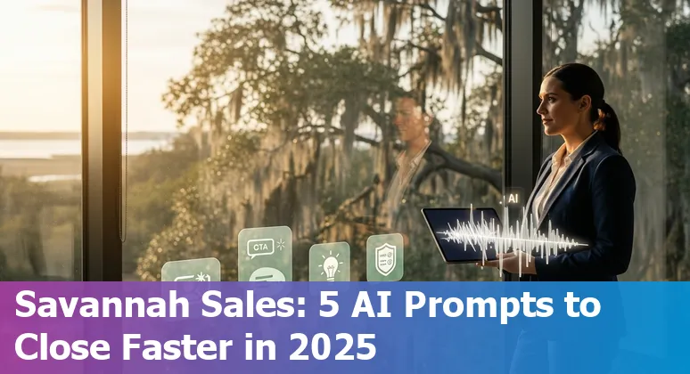 Sales professional in Savannah using AI prompts on a laptop with the Port of Savannah visible in the background