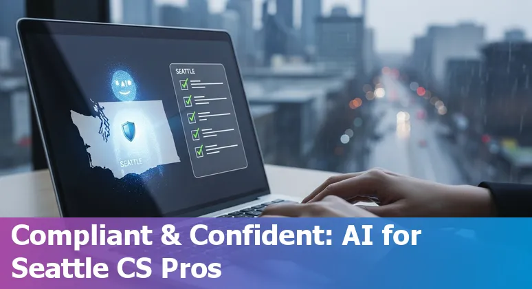 Customer service agent using AI tools with Seattle, Washington skyline visible — 2025 beginner's guide