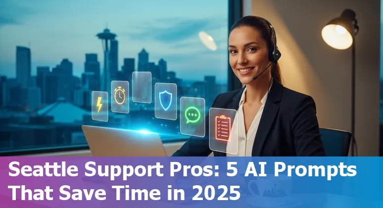 Customer service rep using AI prompts with a Seattle skyline overlay