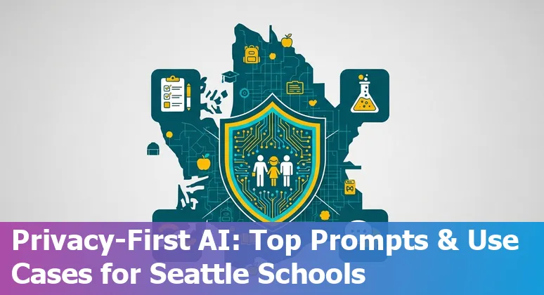 Teacher and student using AI tools on laptops in a Seattle classroom with the Space Needle visible outside the window.
