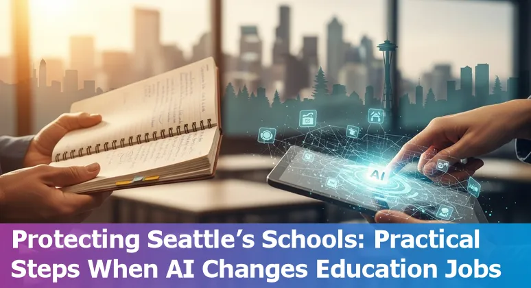 Teacher using AI tools with Seattle skyline in background.