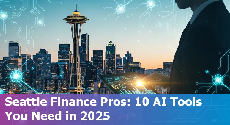 Collage of AI icons over Seattle skyline with finance charts and logos of AWS, Microsoft, DataRobot and AlphaSense.
