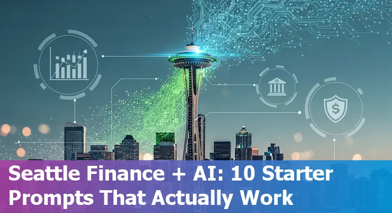Illustration of AI in finance: Seattle skyline with AI icons (invoices, charts, chatbots) and company logos like OctoML and Aiberry.