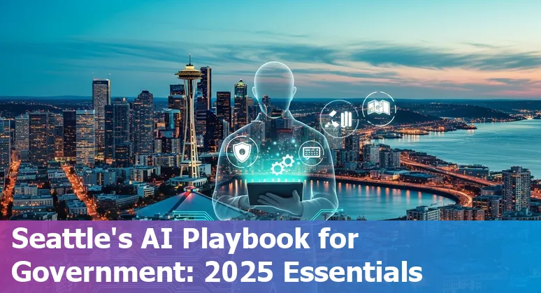 Illustration of Seattle, Washington city skyline with AI icons representing government use, policy, and community events.