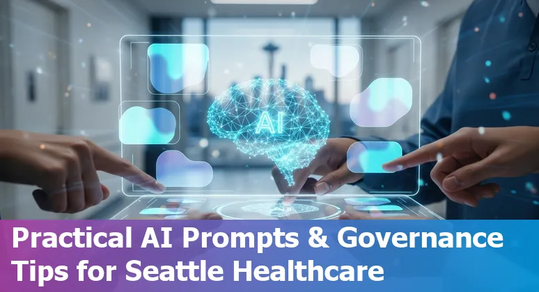 Healthcare professionals using AI tools on a tablet in a Seattle hospital with city skyline in background