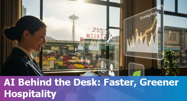 Hotel staff using AI-powered concierge tablet with Seattle skyline and Space Needle in background.