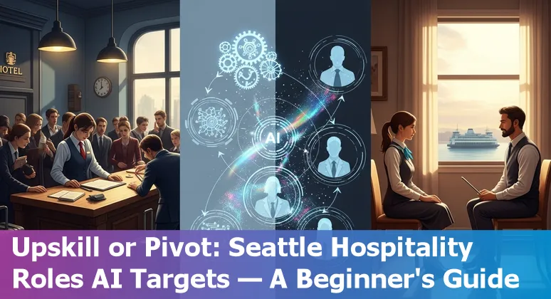 Seattle skyline with hotel, restaurant, and AI chatbot icons overlay showing hospitality jobs at risk from AI