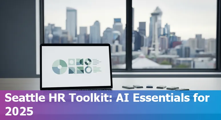 Collage of AI HR tool logos and Seattle skyline emphasizing hiring, payroll, learning, and org charts.