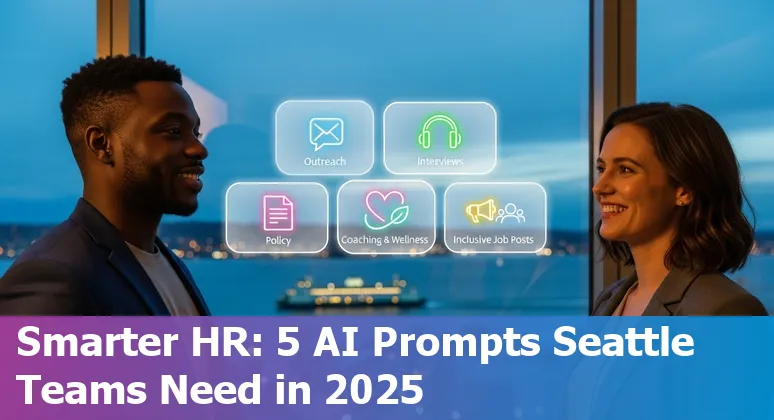 Seattle HR professional using AI prompts on a laptop with Seattle skyline in the background