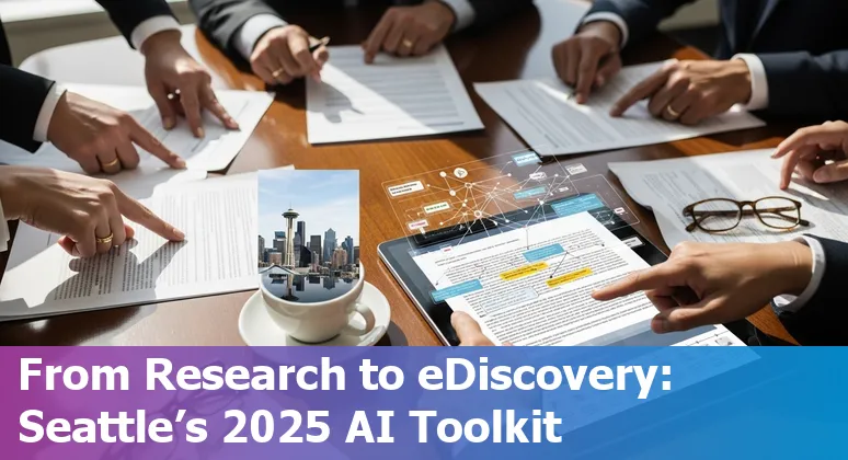 Seattle skyline with legal scales and AI network overlay representing top AI tools for lawyers in 2025