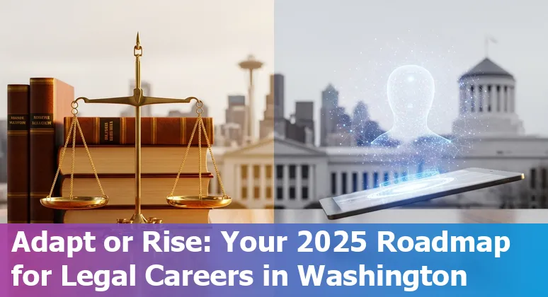 Seattle, Washington, US skyline with scales of justice and AI symbols representing legal AI changes in 2025