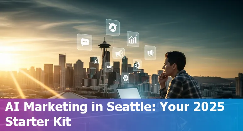 Marketing professional using AI tools in Seattle, Washington skyline setting, 2025