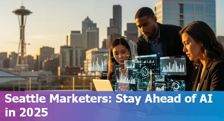 Seattle, Washington marketer using AI tools in 2025 office — laptop showing analytics and content generation