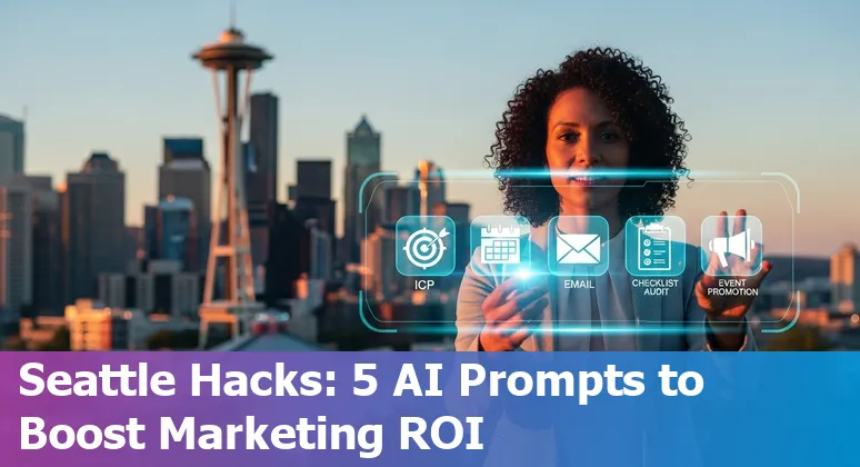 Seattle marketer using AI prompts on a laptop with Seattle skyline and Pike Place Market in the background