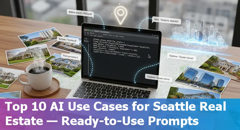 Seattle skyline with homes, a laptop showing AI prompts and real estate icons.