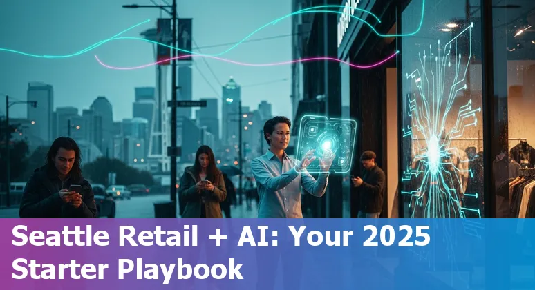 Retail AI concept image with Seattle, Washington skyline in 2025 — shoppers, data charts, and ethical policy icons