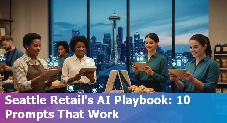 Illustration of AI in retail: personalized recommendations, chatbots, and Seattle skyline with shopping icons.