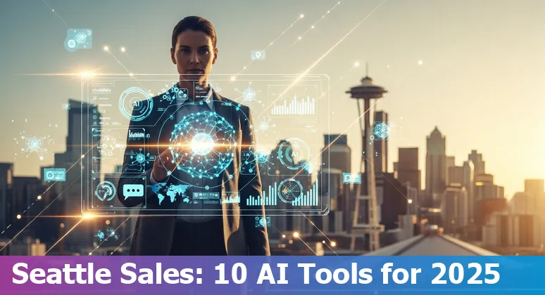 Seattle skyline with AI icons representing sales tools like SageMaker, InterpretML, Salesforce Einstein, and outreach apps.