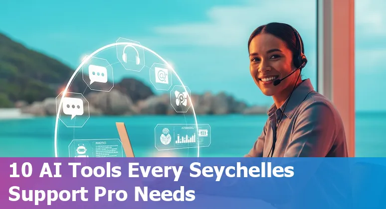 Customer service agent using AI chat tools with Seychelles map and icons for Freshdesk, Intercom, Zendesk and others