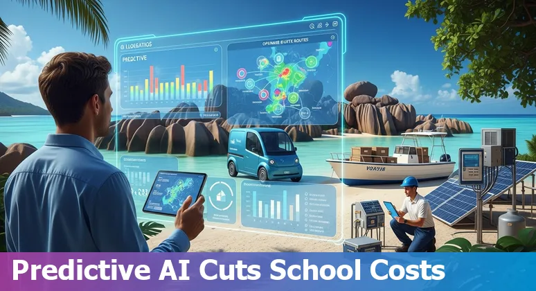 Illustration of AI improving operations at a Seychelles school: chatbots, automated admin, forecasting and logistics with Seychelles landmarks
