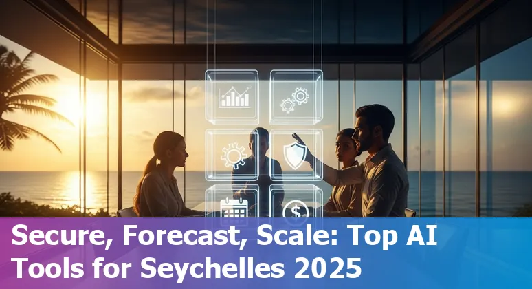 Finance professional in Seychelles reviewing top AI tools dashboard on a laptop with island skyline.