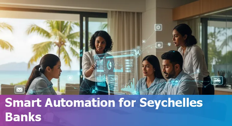 Financial services team using AI tools on laptop in Seychelles office, illustrating AI efficiency gains in Seychelles