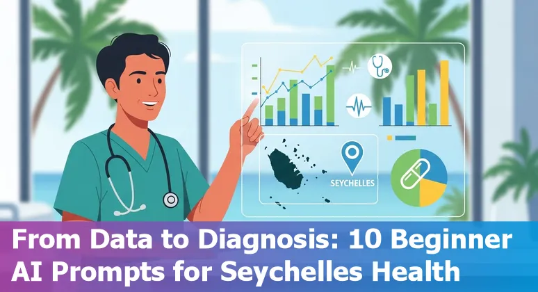 Healthcare worker using a tablet for AI-powered telehealth on a Seychelles island shore